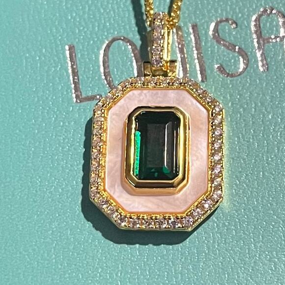 Emerald, Mother Of Pearl, and CZ Halo Pendant 18” 14k Gold/SS - Picture 1 of 7